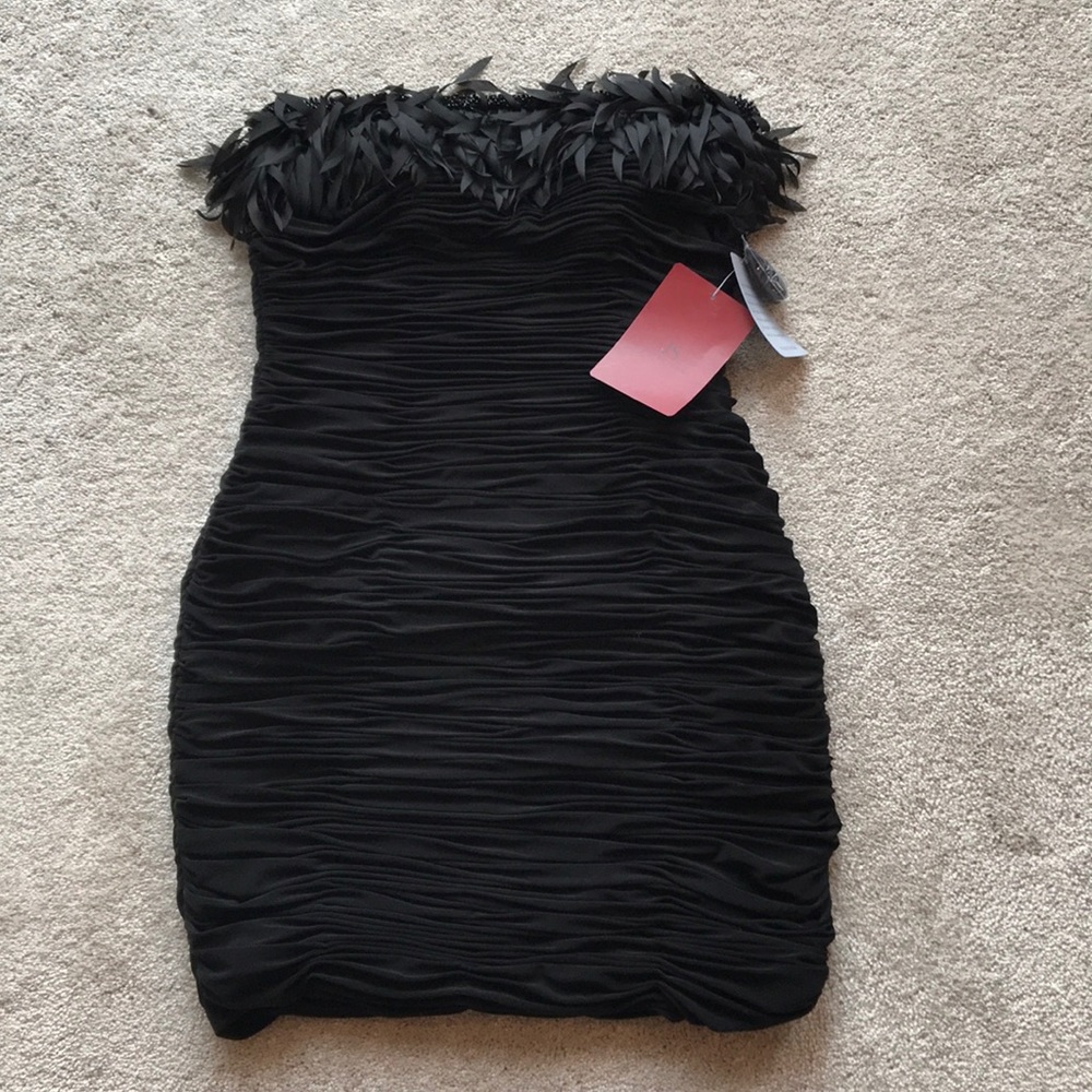 Strapless shirred black cocktail dress with beads